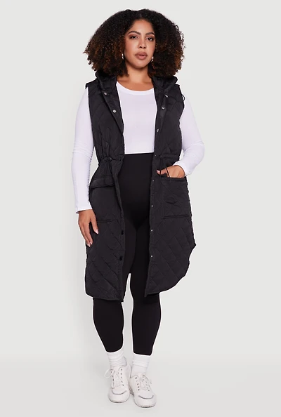 Womens Plus Almost Famous Quilted Hooded Long Puffer Vest,