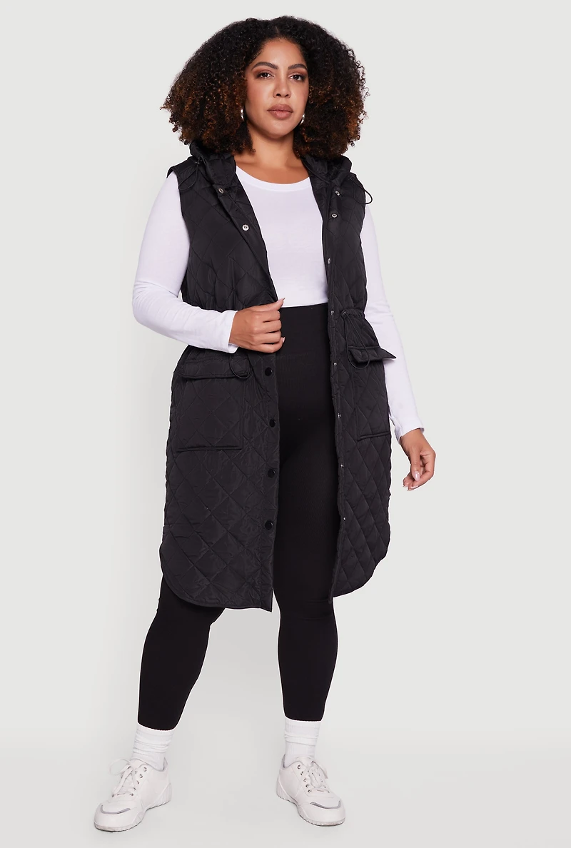 Womens Plus Almost Famous Quilted Hooded Long Puffer Vest,