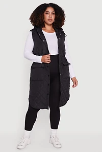 Womens Plus Almost Famous Quilted Hooded Long Puffer Vest,