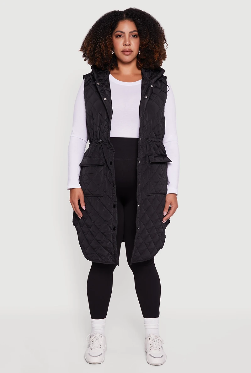 Womens Plus Almost Famous Quilted Hooded Long Puffer Vest,