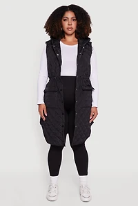 Womens Plus Almost Famous Quilted Hooded Long Puffer Vest,
