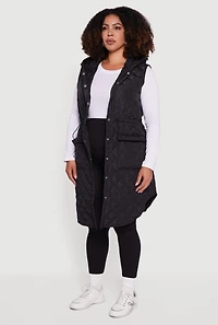 Womens Plus Almost Famous Quilted Hooded Long Puffer Vest,