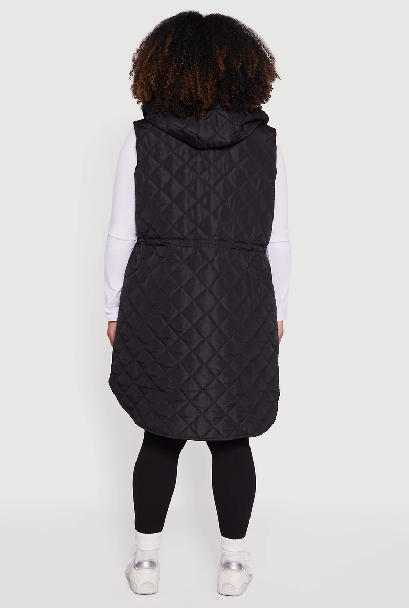 Womens Plus Almost Famous Quilted Hooded Long Puffer Vest,