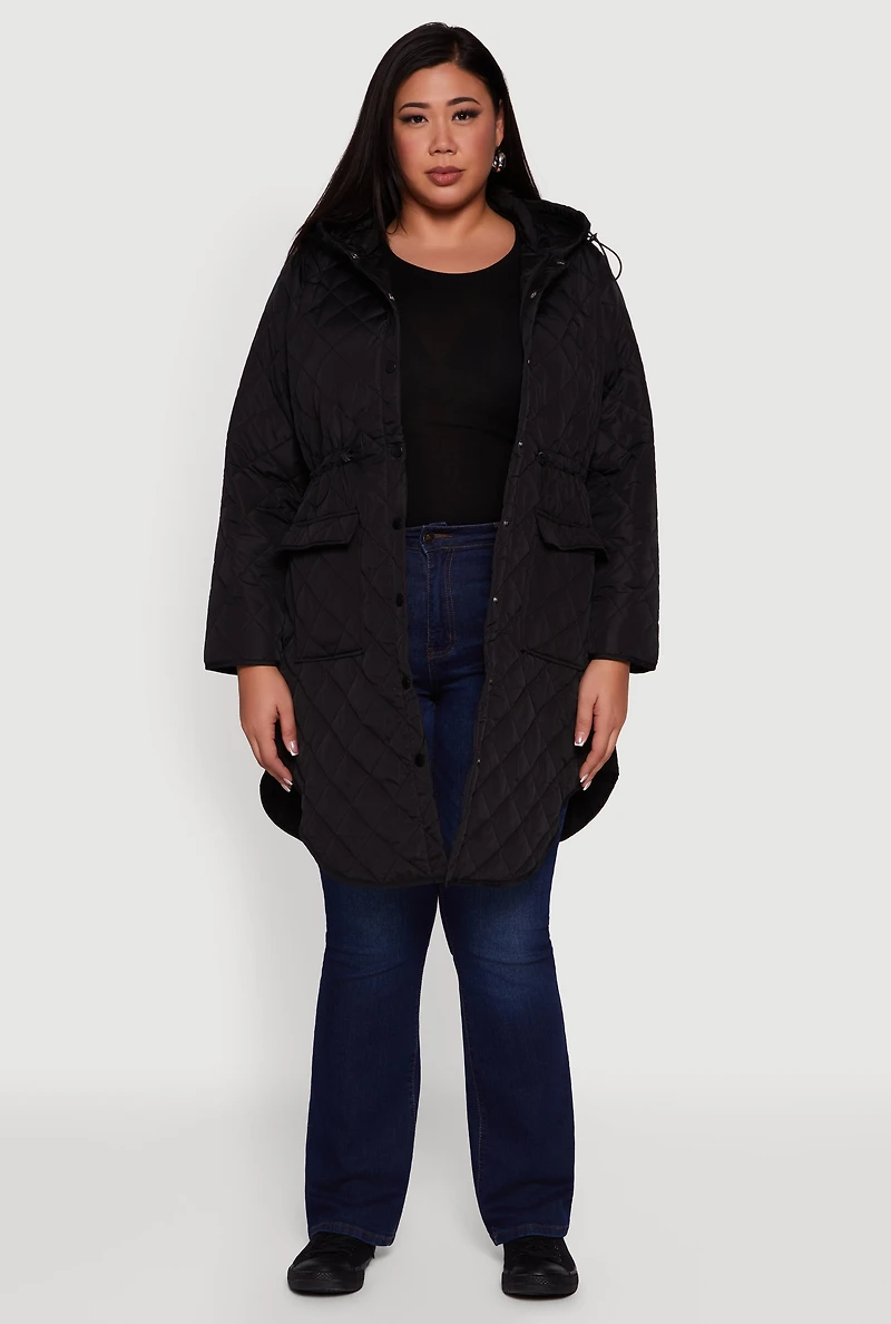 Womens Plus Size Hooded Snap Button Front Quilted Anorak Jacket, Black, Size 2X