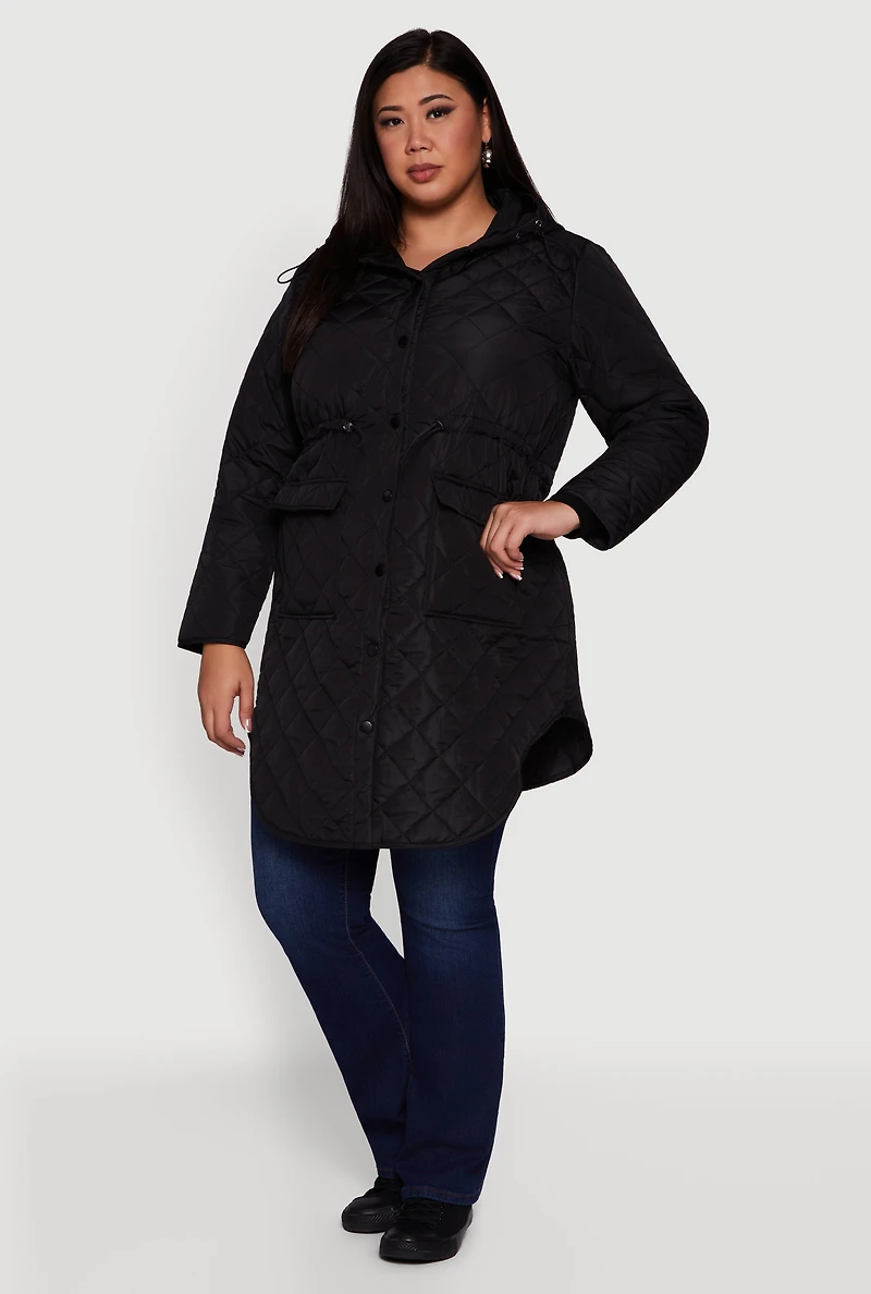 Womens Plus Size Hooded Snap Button Front Quilted Anorak Jacket, Black, Size 2X