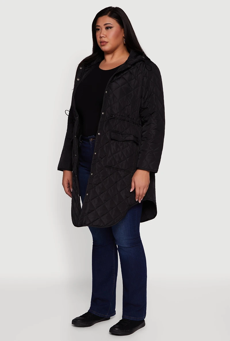 Womens Plus Size Hooded Snap Button Front Quilted Anorak Jacket, Black, Size 2X