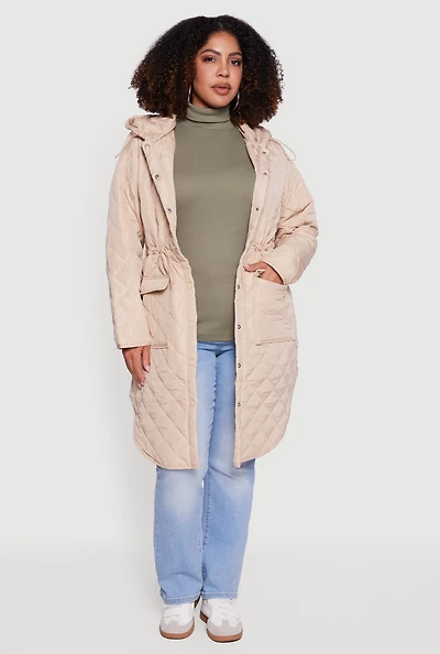 Womens Plus Hooded Snap Button Front Quilted Anorak Jacket,