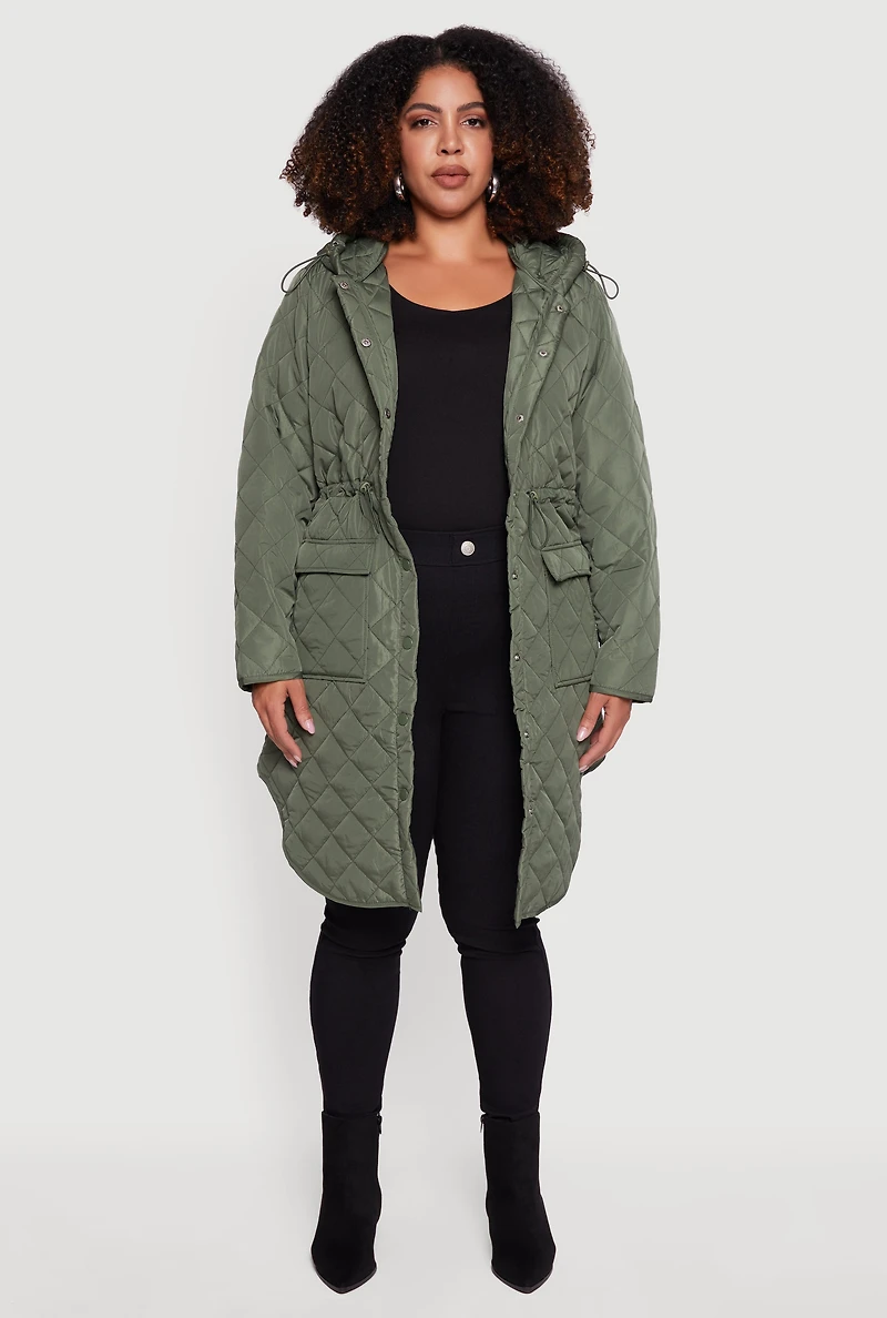 Plus Hooded Snap Button Front Quilted Anorak Jacket