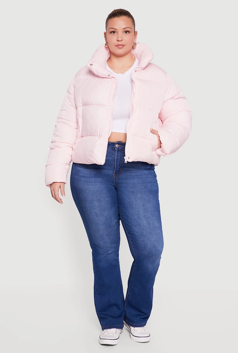 Womens Plus Size Almost Famous Mock Neck Puffer Jacket, Pink, Size 2X