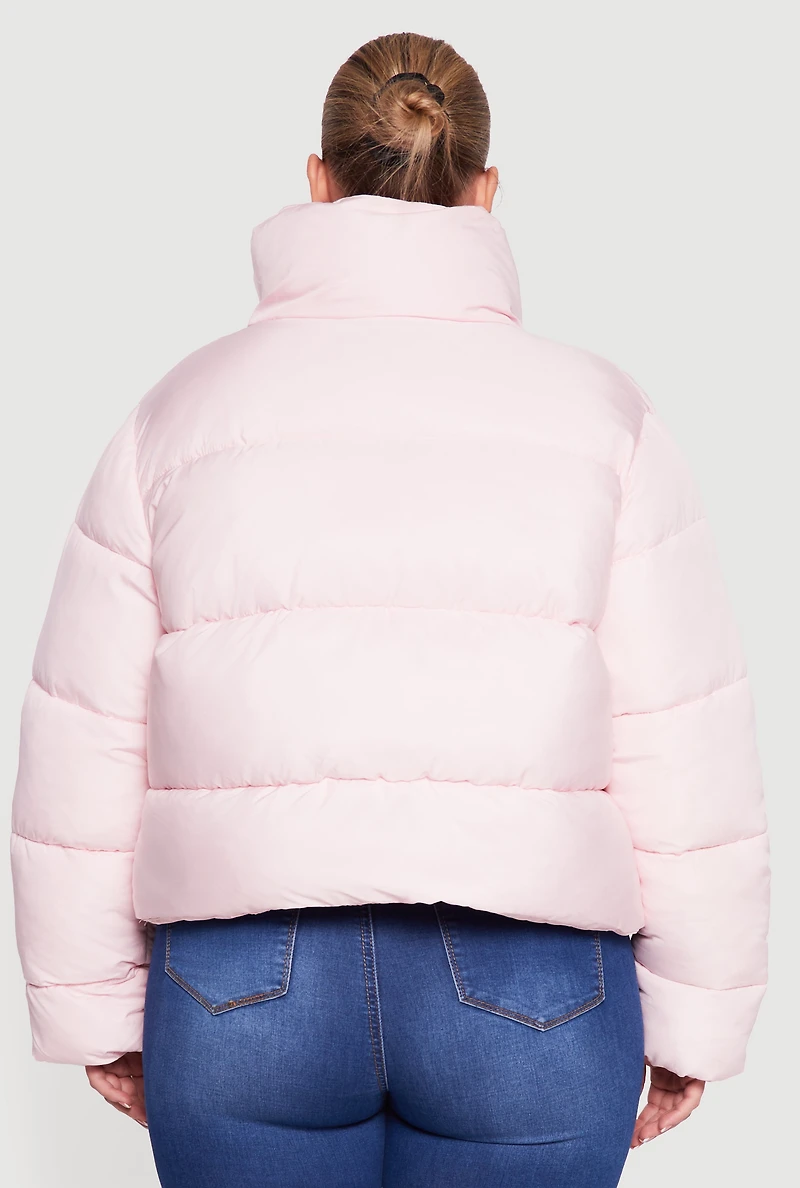 Womens Plus Size Almost Famous Mock Neck Puffer Jacket, Pink, Size 2X