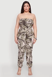Womens Plus Size Chic Camouflage Stacked Leg Jumpsuit, Green, Size 1X