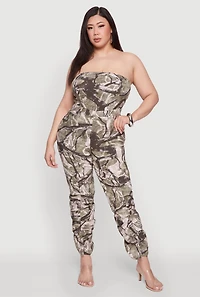 Womens Plus Size Chic Camouflage Stacked Leg Jumpsuit, Green, Size 1X