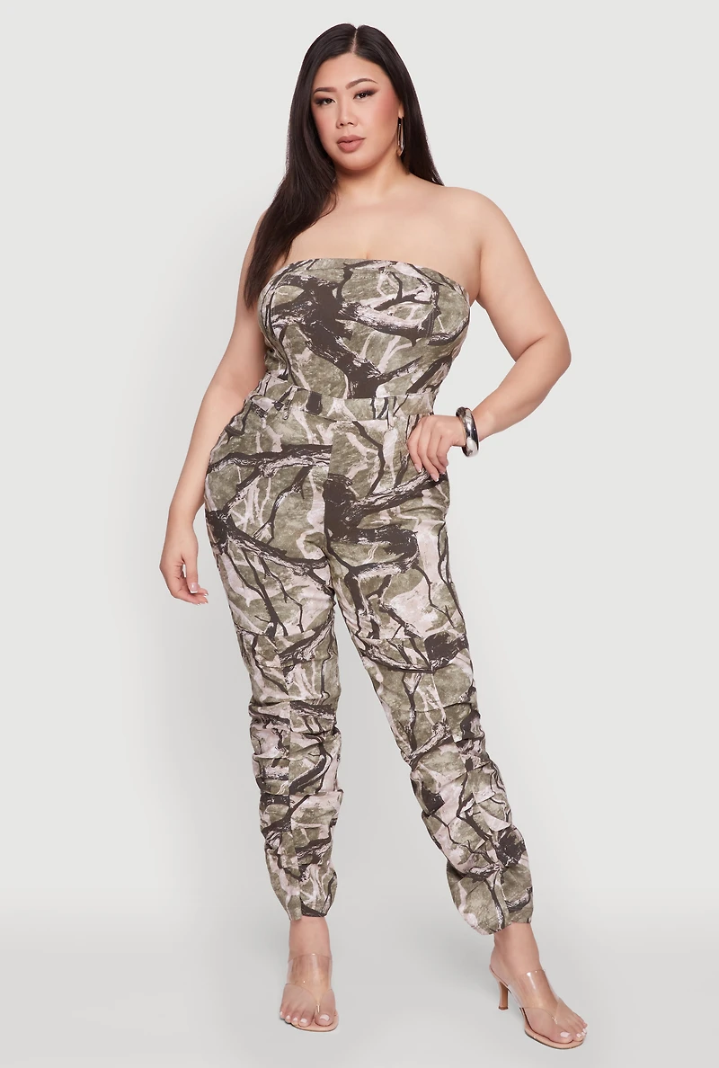 Womens Plus Size Chic Camouflage Stacked Leg Jumpsuit, Green, Size 1X