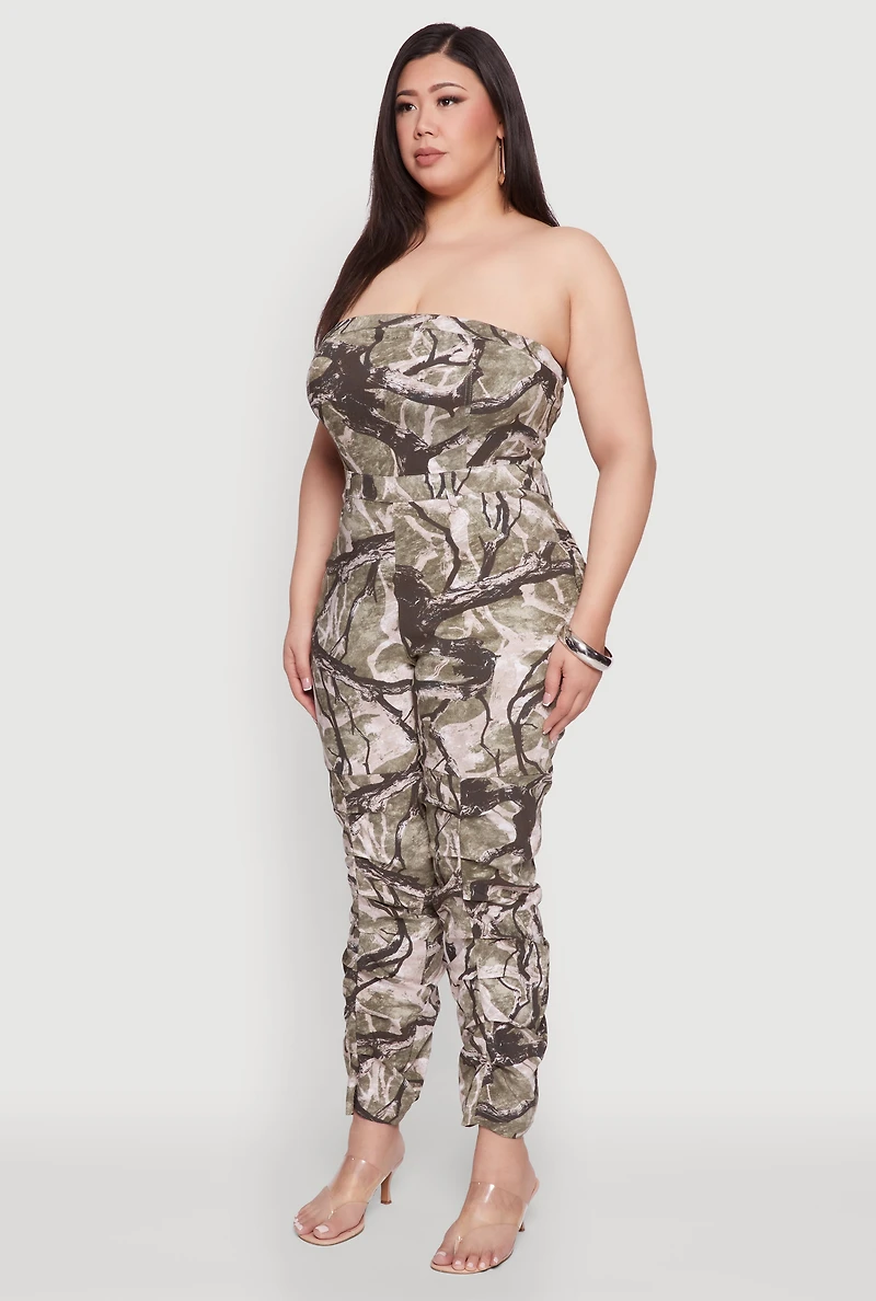 Plus Chic Camouflage Stacked Leg Jumpsuit