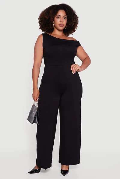 Womens Plus Size Sleeveless One Shoulder Wide Leg Jumpsuit, Black, Size 2X