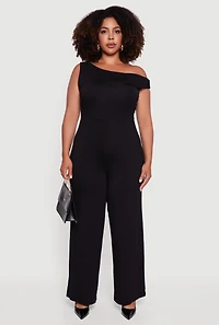 Womens Plus Size Sleeveless One Shoulder Wide Leg Jumpsuit, Black, Size 2X