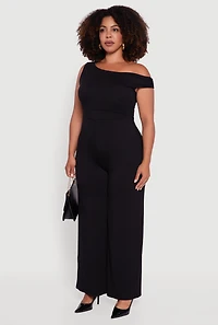 Womens Plus Size Sleeveless One Shoulder Wide Leg Jumpsuit, Black, Size 2X