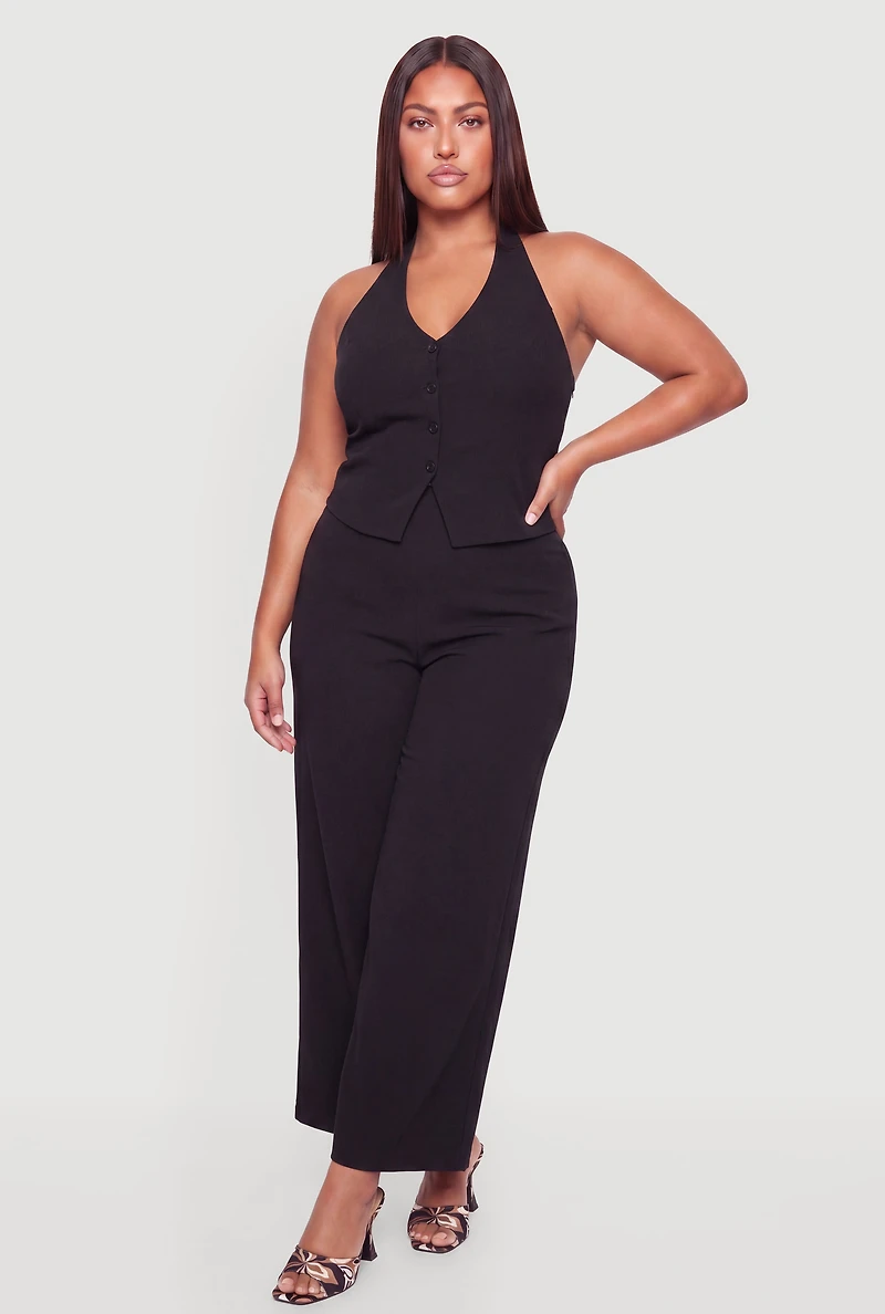 Plus Tie Back Halter Neck Button Front Wide Leg Jumpsuit