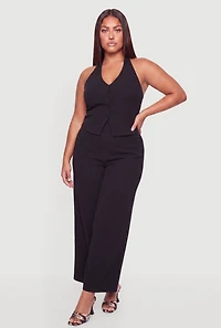 Plus Tie Back Halter Neck Button Front Wide Leg Jumpsuit