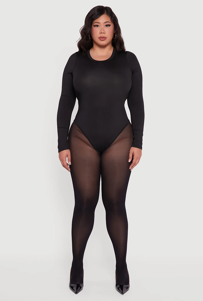 Womens Plus Long Sleeve Crew Neck Bodysuit,