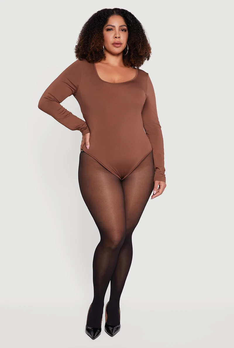 Womens Plus Size Solid Scoop Neck Bodysuit, Brown, Size 3X