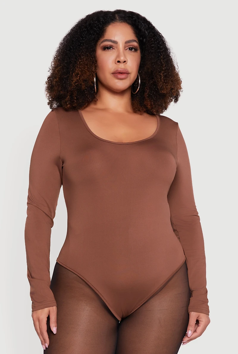 Womens Plus Size Solid Scoop Neck Bodysuit, Brown, Size 3X