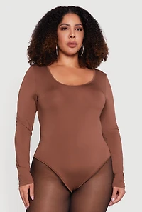 Womens Plus Size Solid Scoop Neck Bodysuit, Brown, Size 3X