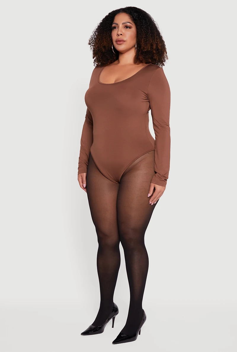 Womens Plus Size Solid Scoop Neck Bodysuit, Brown, Size 3X