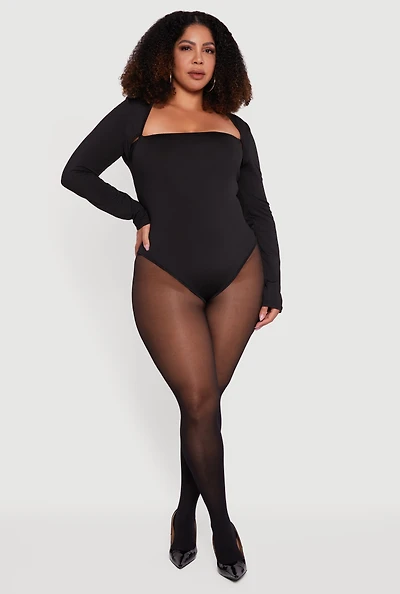 Womens Plus Size Long Sleeve Square Neck Bodysuit, Black, Size 1X
