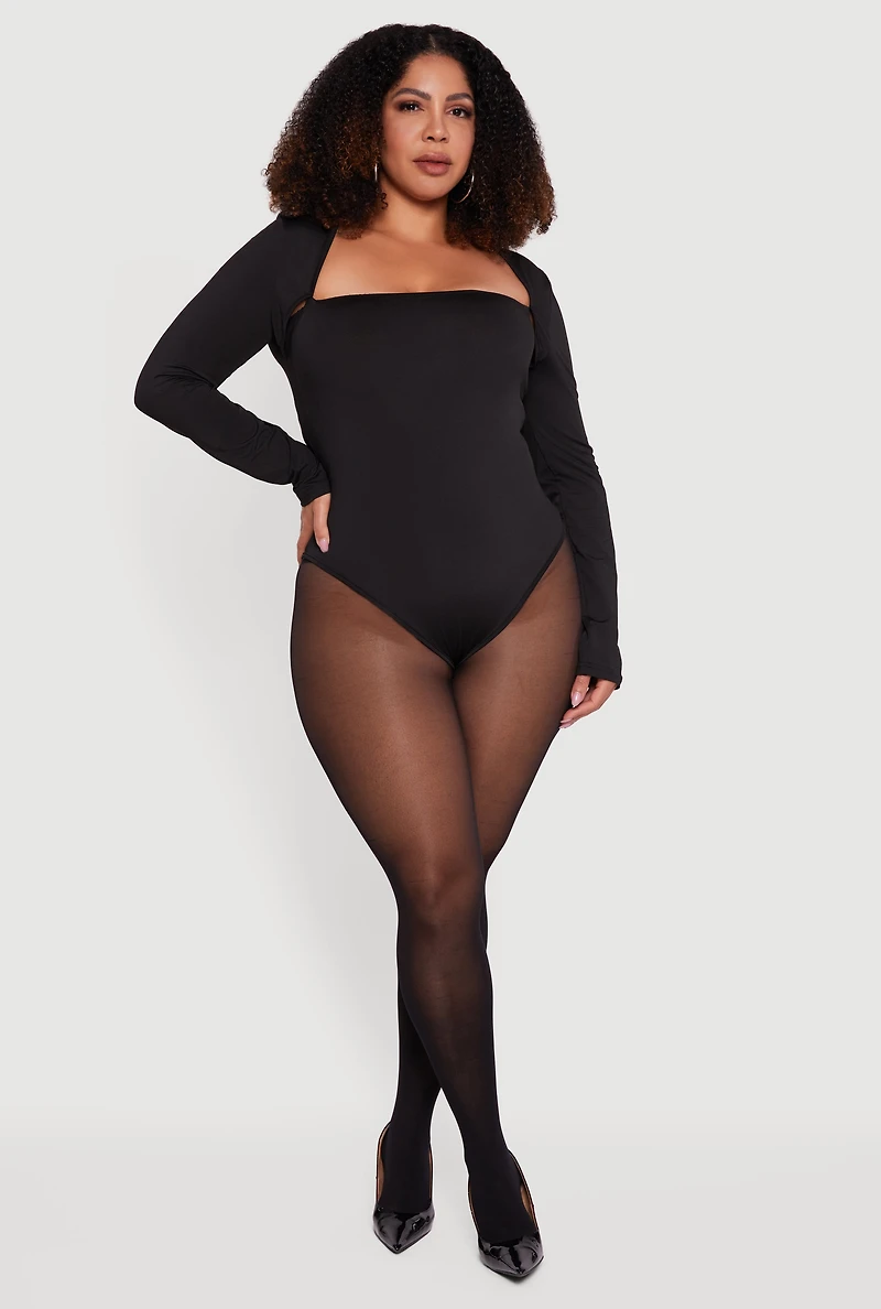 Womens Plus Size Long Sleeve Square Neck Bodysuit, Black, Size 3X