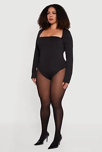 Womens Plus Size Long Sleeve Square Neck Bodysuit, Black, Size 3X