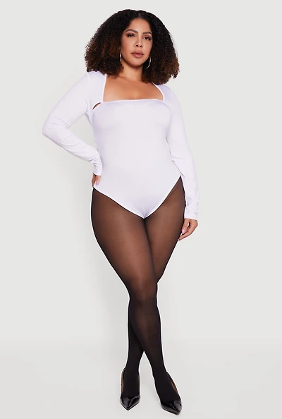 Womens Plus Size Long Sleeve Square Neck Bodysuit, White, Size 2X