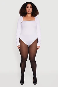 Womens Plus Size Long Sleeve Square Neck Bodysuit, White, Size 2X