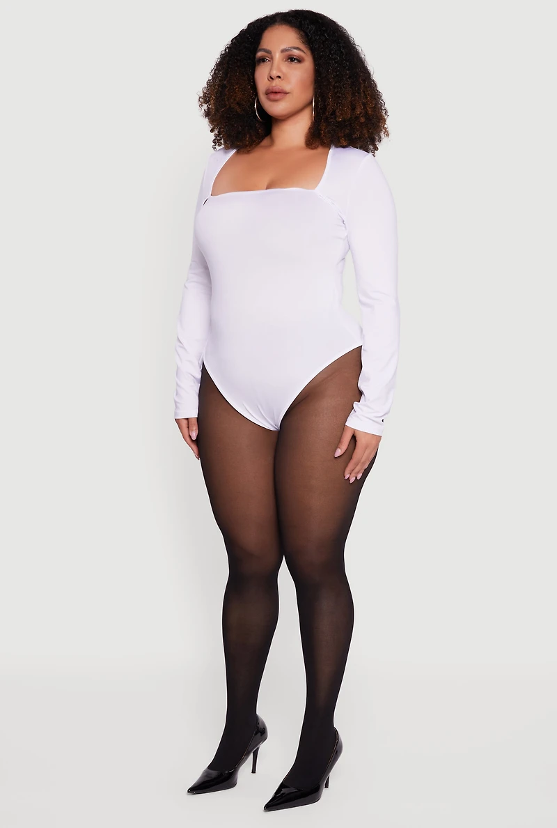 Womens Plus Size Long Sleeve Square Neck Bodysuit, White, Size 2X