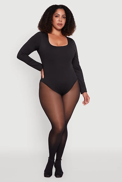 Womens Plus Solid Scoop Neck Long Sleeve Bodysuit,