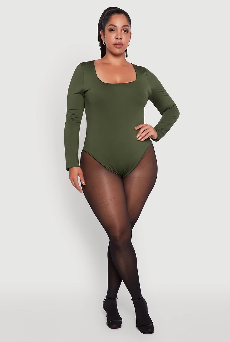 Plus Solid Scoop Neck Long Sleeve Bodysuit