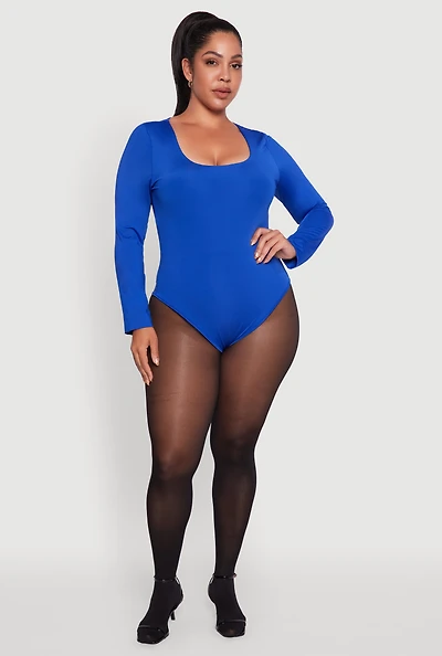 Womens Plus Size Solid Scoop Neck Long Sleeve Bodysuit, Blue, Size 2X