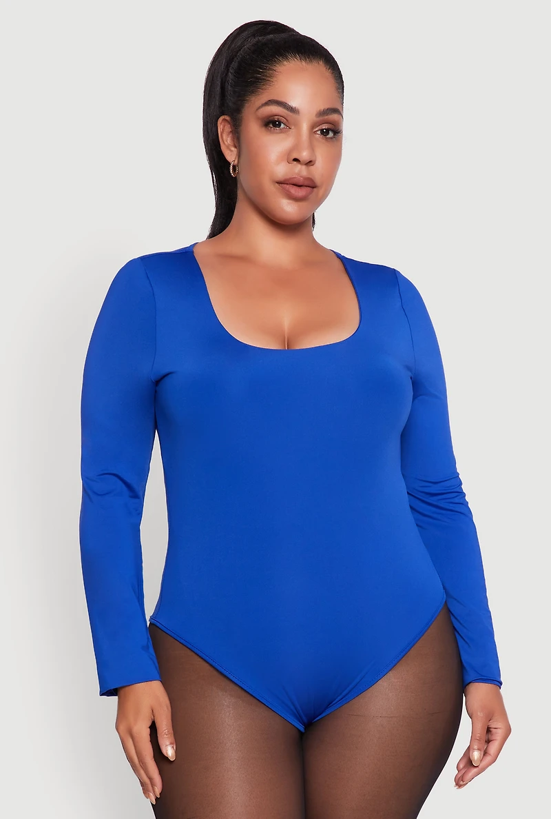Womens Plus Size Solid Scoop Neck Long Sleeve Bodysuit, Blue, Size 2X