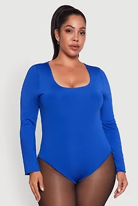 Womens Plus Size Solid Scoop Neck Long Sleeve Bodysuit, Blue, Size 2X