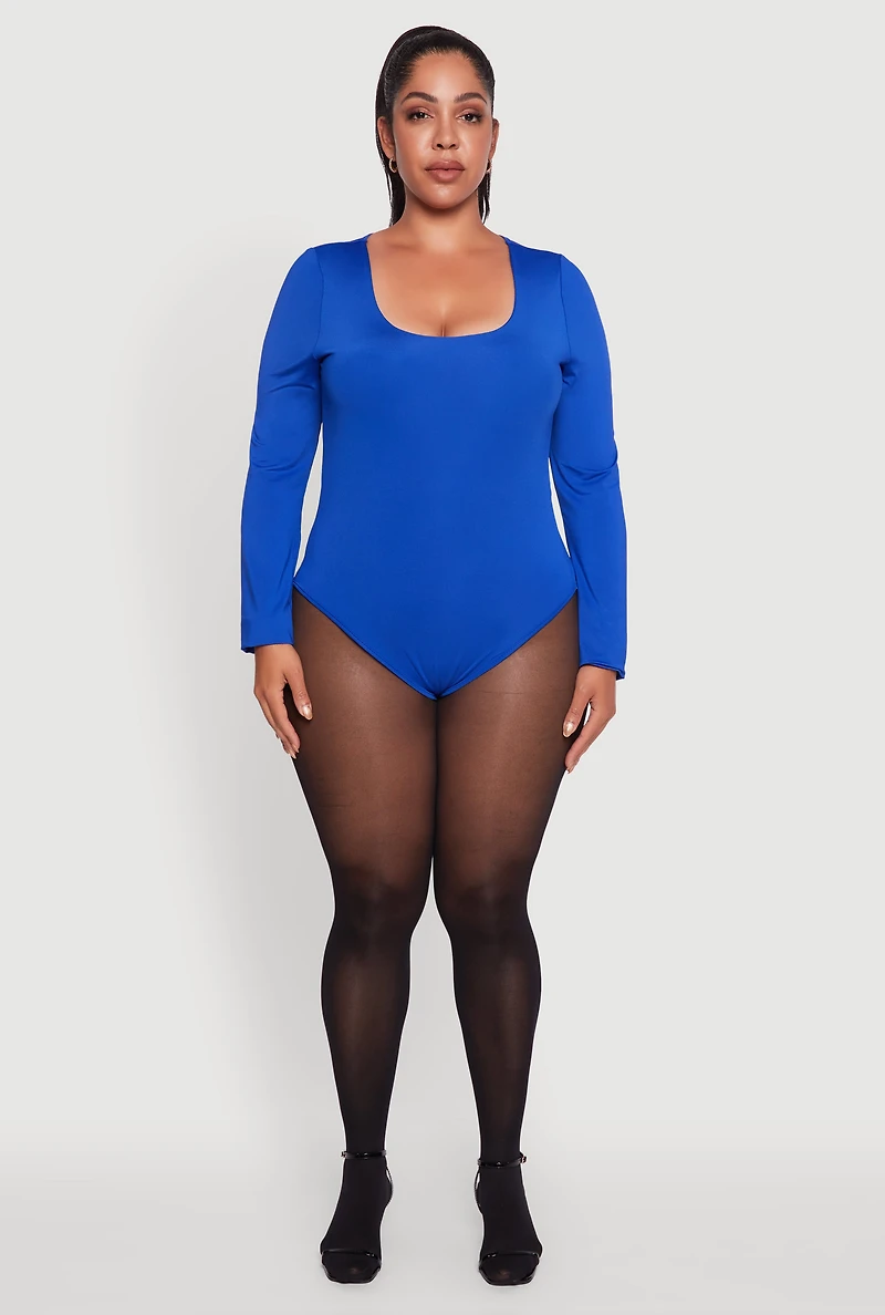 Plus Solid Scoop Neck Long Sleeve Bodysuit