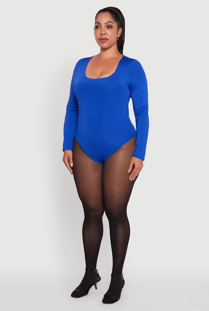 Womens Plus Size Solid Scoop Neck Long Sleeve Bodysuit, Blue, Size 2X