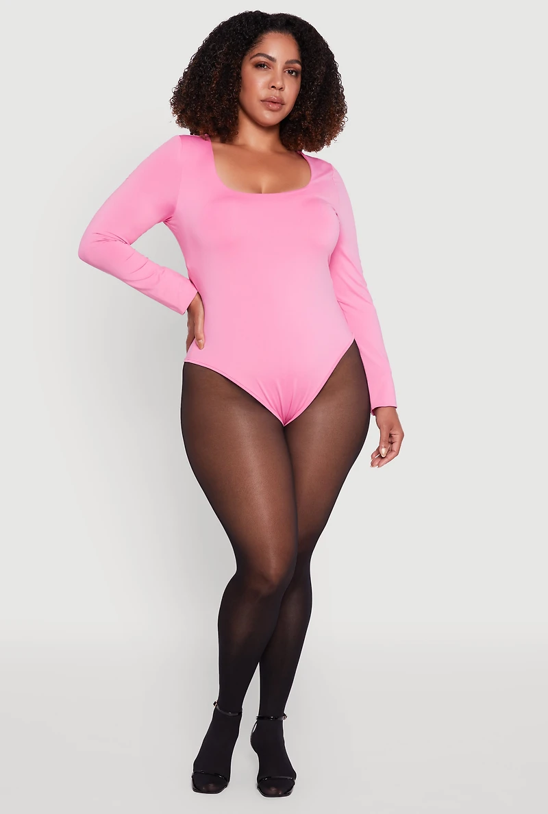 Plus Solid Scoop Neck Long Sleeve Bodysuit