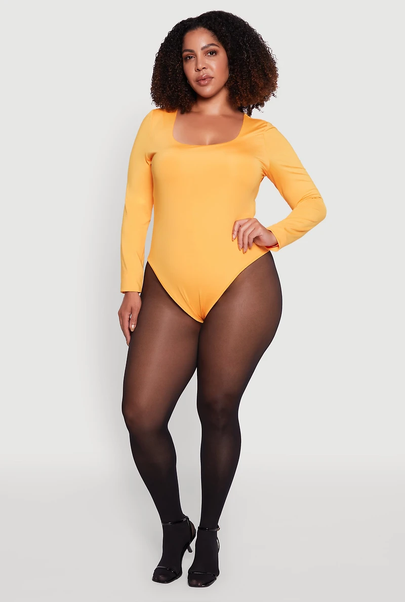 Plus Solid Scoop Neck Long Sleeve Bodysuit