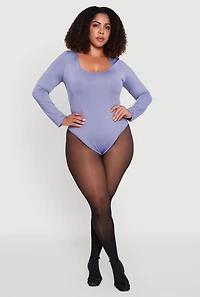 Womens Plus Size Solid Scoop Neck Long Sleeve Bodysuit, Blue, Size 3X