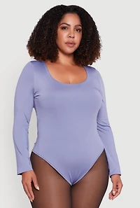 Womens Plus Size Solid Scoop Neck Long Sleeve Bodysuit, Blue, Size 3X