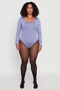 Womens Plus Size Solid Scoop Neck Long Sleeve Bodysuit, Blue, Size 1X
