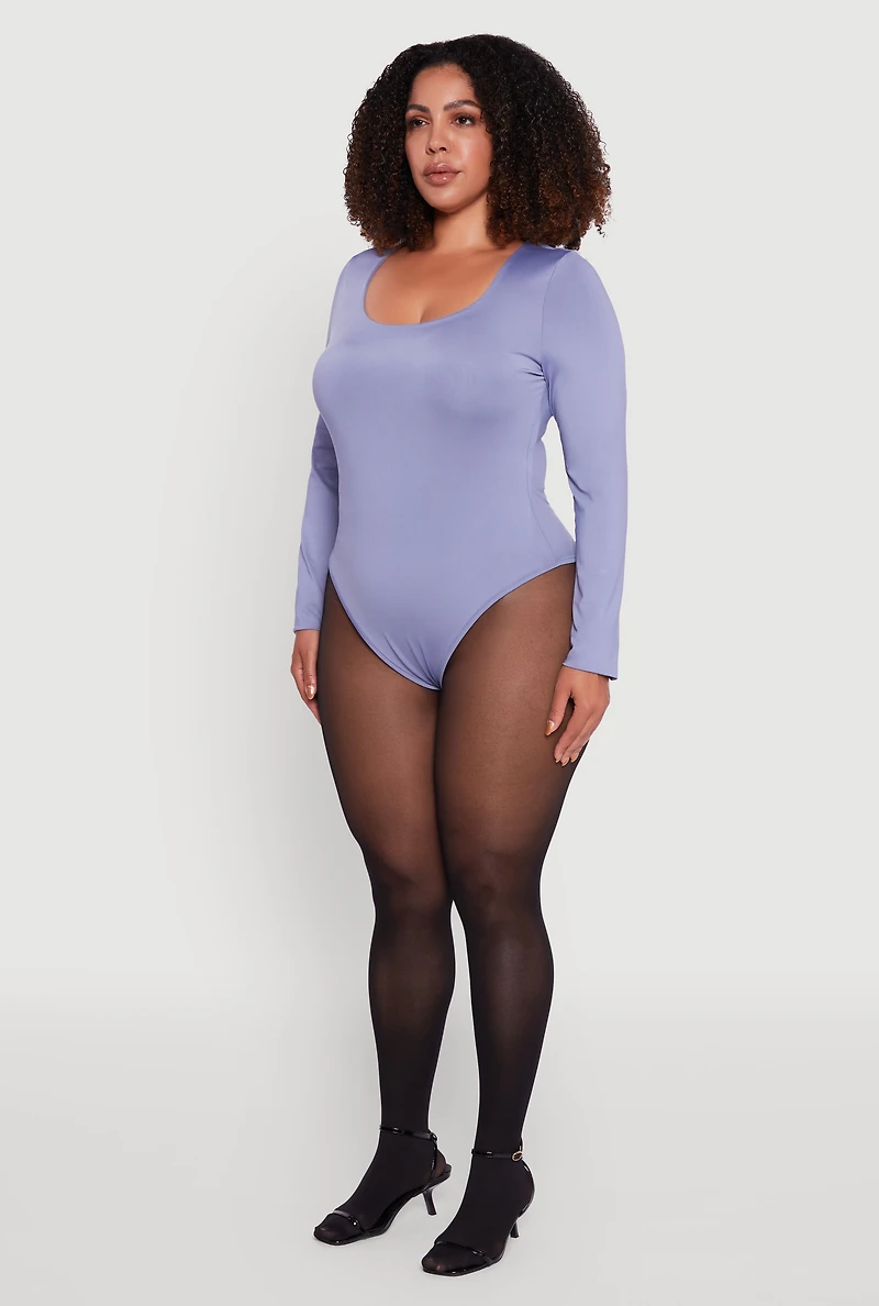 Womens Plus Size Solid Scoop Neck Long Sleeve Bodysuit, Blue, Size 1X