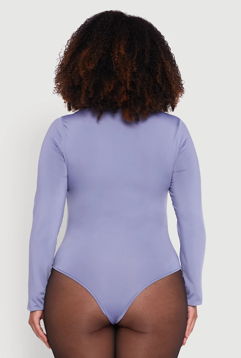 Womens Plus Size Solid Scoop Neck Long Sleeve Bodysuit, Blue, Size 1X