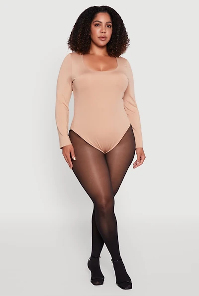 Womens Plus Solid Scoop Neck Long Sleeve Bodysuit,