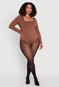 Plus Solid Scoop Neck Long Sleeve Bodysuit